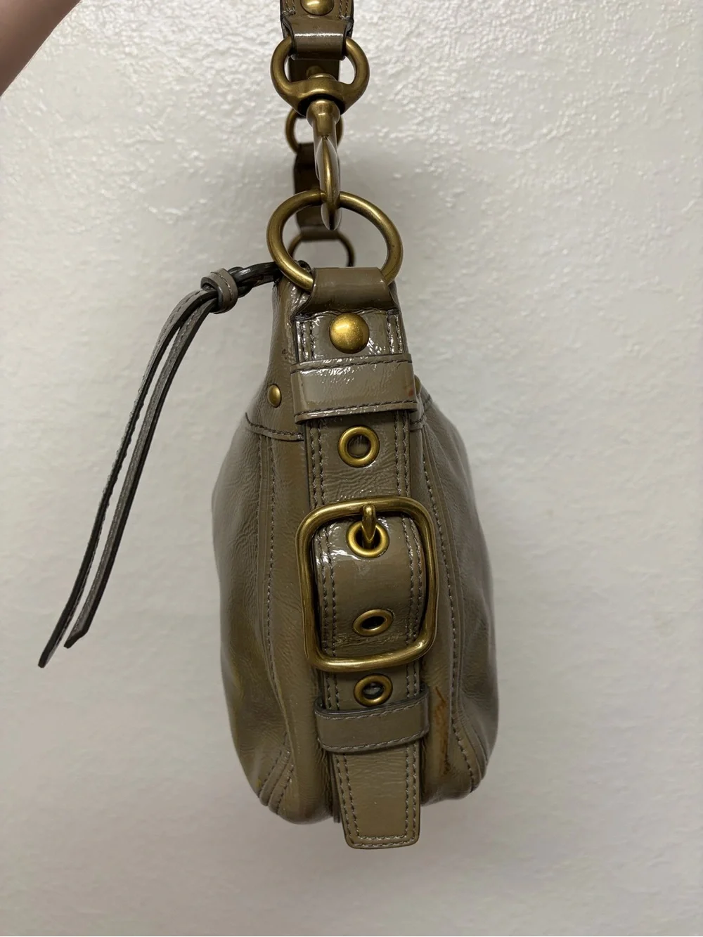 Coach Olive Green Patent Leather Hobo Shoulder Bag with Brass Hardware
